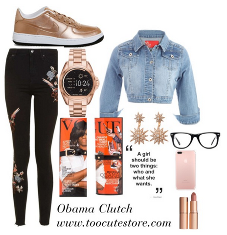 Michelle Obama Clutch and rose gold shoes