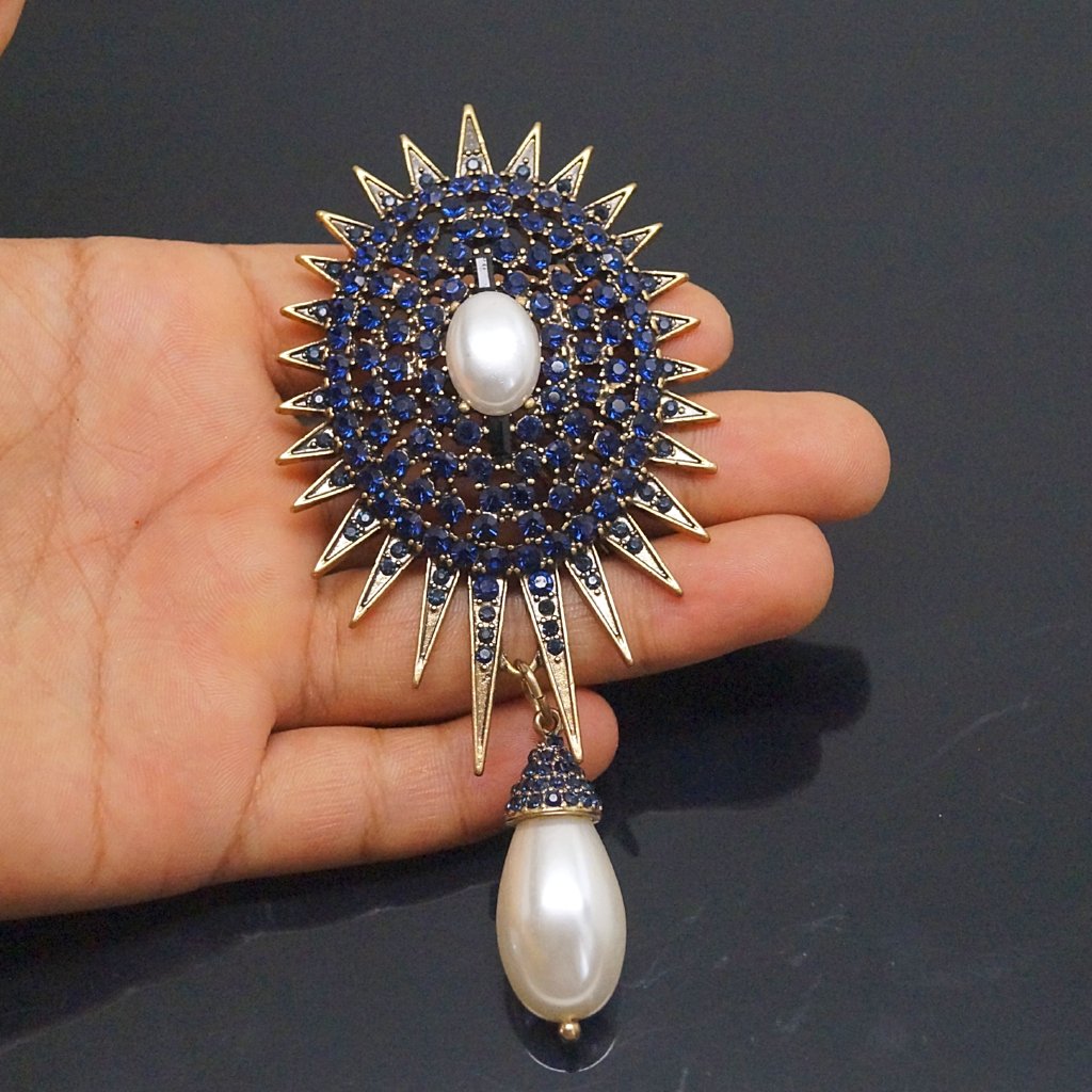 Blue Sapphire Big Pearl Brooch or Saree 