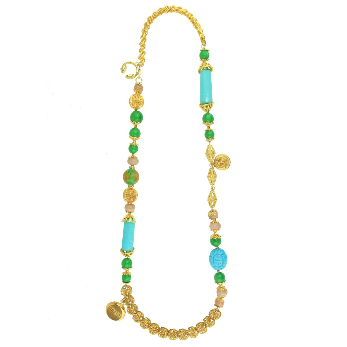 Gold Plated Long Chain Necklace With Charms, Turquoise and Green Beads