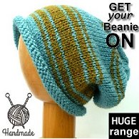 Hand knitted green & aqua slouchy dreadlock beanie hat mounted on wooden mannequin head