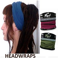 A blue multi function dreadlock headband shown being worn on woman with dreadlocks, with maroon and khaki coloured versions in display packing shown to the right