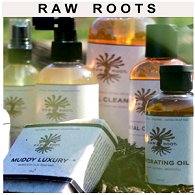 A selection of RAW ROOTs dreadlock creation and maintenance products showing liquid in bottles, and a shampoo bar.