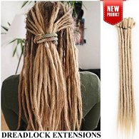 Blonde synthetic dreadlock hair extensions weaved into hair on person shown from behind, and separate picture of just dread extensions to the right