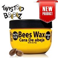 Yellow pot with black-lidded container of Twisted Beez dreadlock bees wax on white background and Twisted Beez logo writing above container