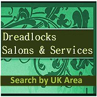 The words Dreadlocks Salons and Services, and Search by UK Area, on green background, on aqua patterned background