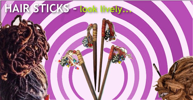Amazing new hair sticks... for decorating your dreads... look lively... With a view to extended our range of new, unusual, different and creative dread accessories, decorations and adornments... we introduce our new hand-crafted, purpose-made, jewelled tribal hair sticks.