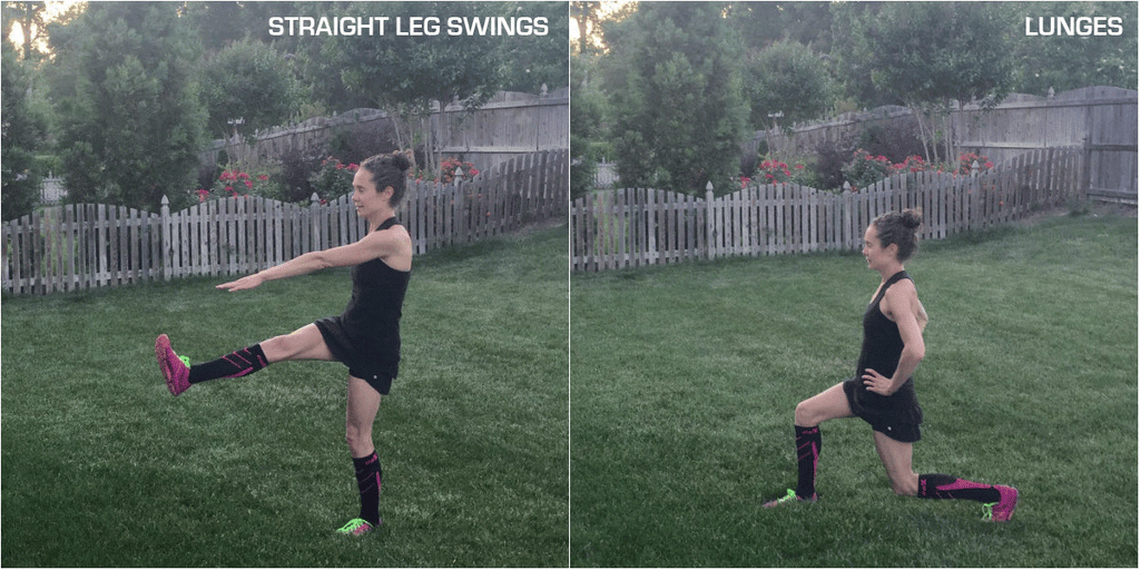 Woman doing leg swings and lunges wearing CSX Compression Socks