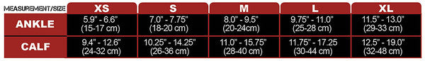 CSX 15-20 mmHg Red on Black Compression Calf Sleeves Size Chart