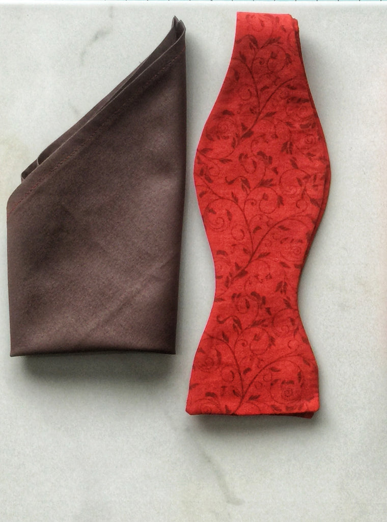 Red and Chocolate Brown Vine Print Handmade Pocket Square