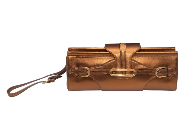 JIMMY CHOO BRONZE METALLIC LEATHER LOGO FLAP CLUTCH BAG