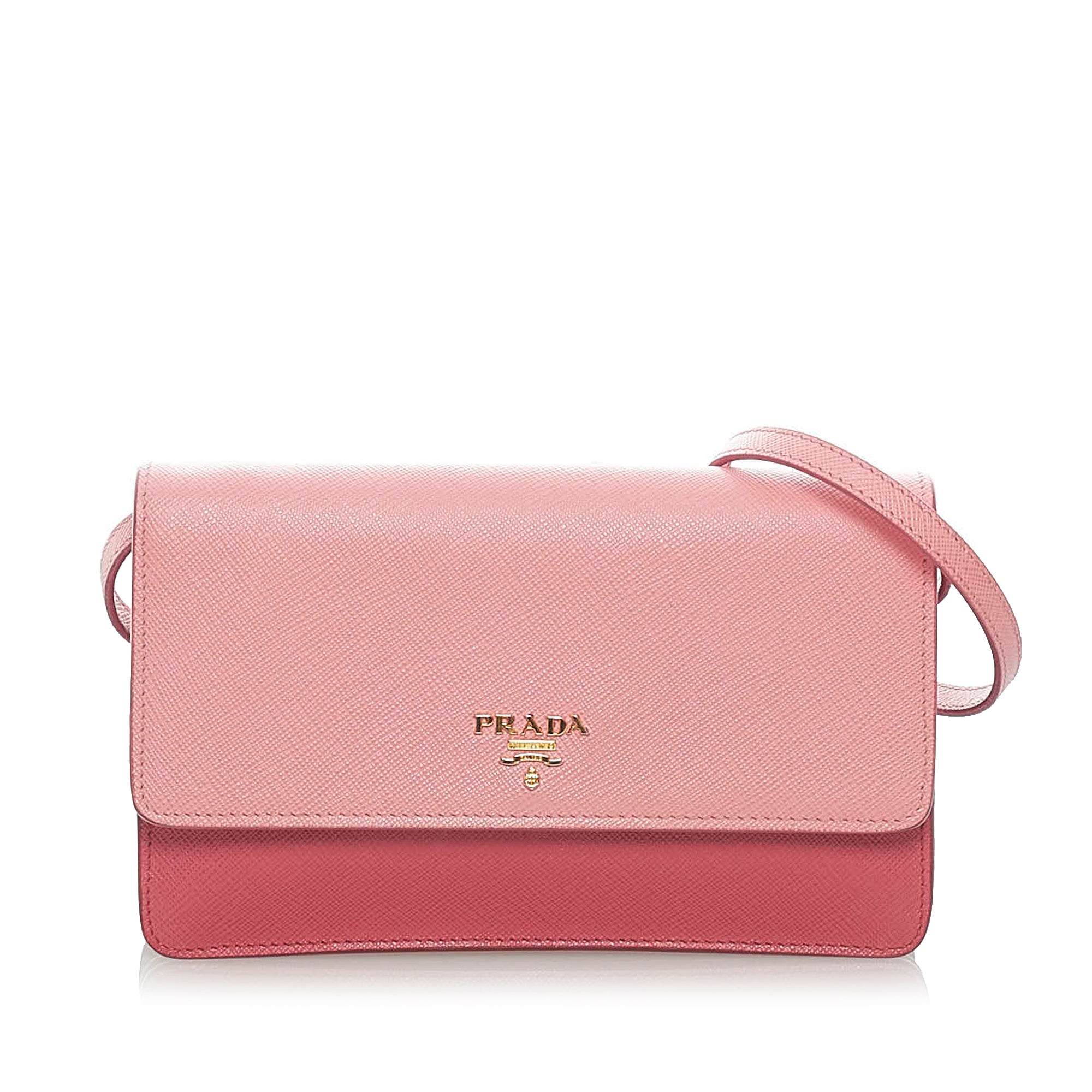 Prada Pink Saffiano Vernice Leather Flap Wallet On Strap