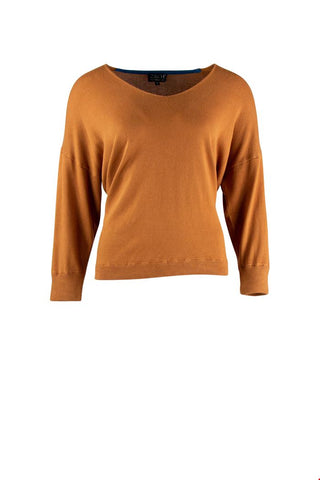 Zilch Sweater V-Neck Rust 01BAS30.048/633: bruine basic top met driekwartmouw en v-hals, gemaakt van bamboe