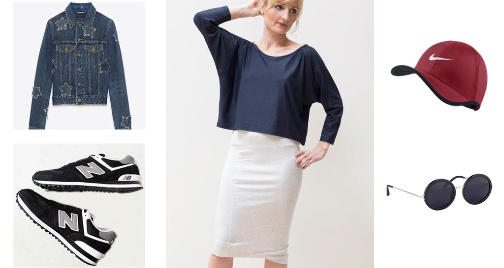 A white pencil skirt paired with a navy, cropped, dolman-sleeve top for a cool 4th of July. 