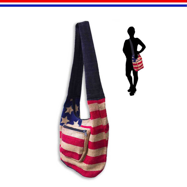 USA American Flag Shoulder Bag Burlap Jute Handbag Sling Boho Hippie Gypsy PURSE