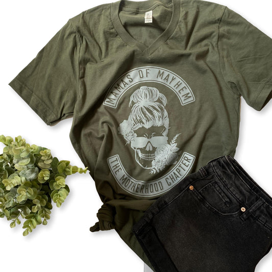 Mamas of Mayhem - Olive V-Neck - grey ink