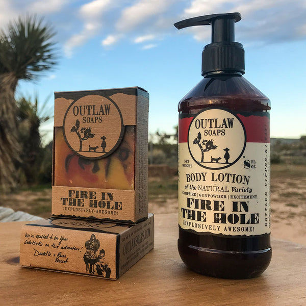 Fire in the Hole campfire soap and lotion set