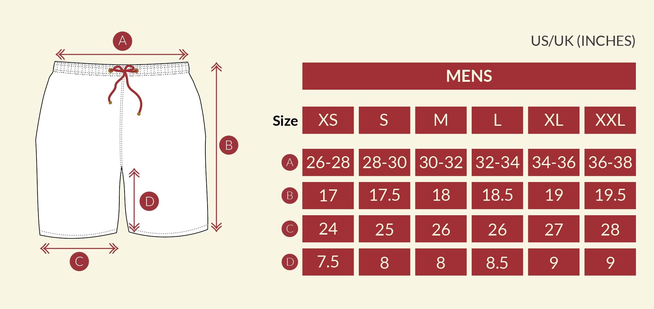 Mazu Resortwear Lounge Shorts Size Chart