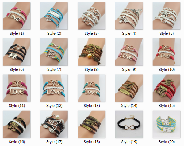 Bracelets Vintage Owl Bird Anchor wing infinity bracelet Multicolor woven leather bracelet & Bangle 