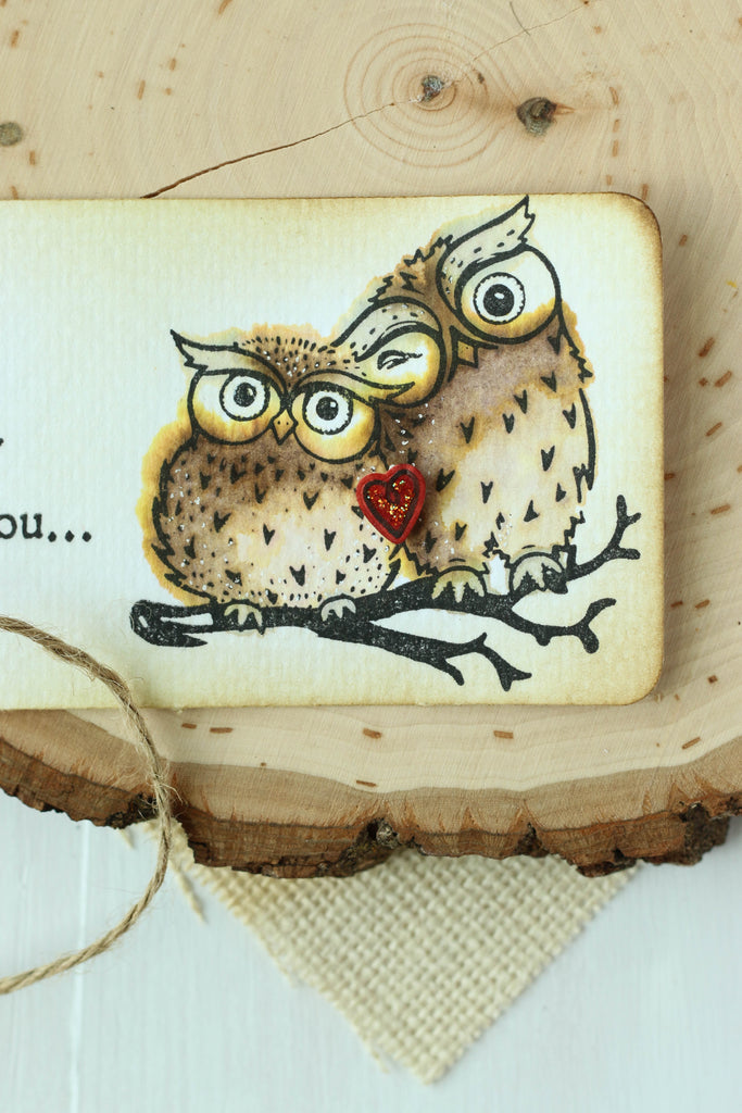 Cute tag with a watercolored image from Brutus Monroe. "Owl Always Love You!" 