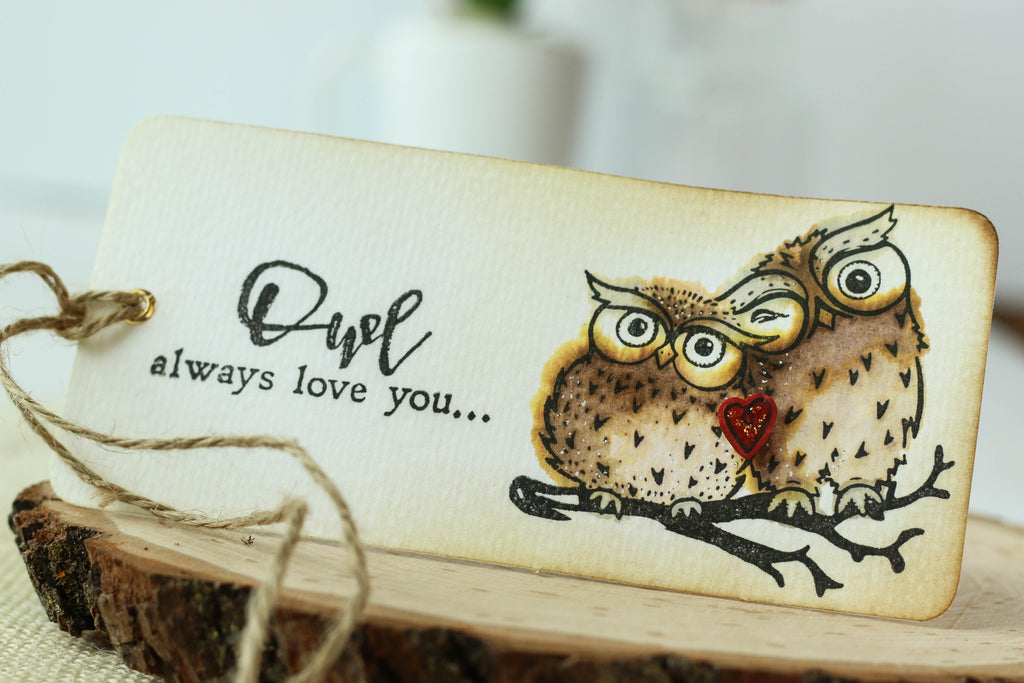 Cute tag with a watercolored image from Brutus Monroe. "Owl Always Love You!" 