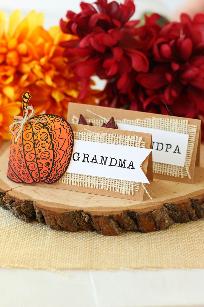 Easy Thanksgiving table place cards made with Brutus Monroe's Fall Tangled Elements paper pad! 