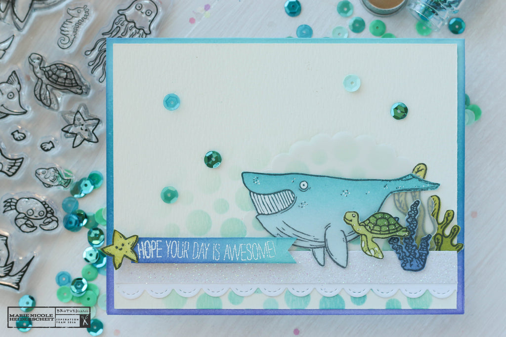 Handmade card created with Brutus Monroe's Fish Tank stamp set. 