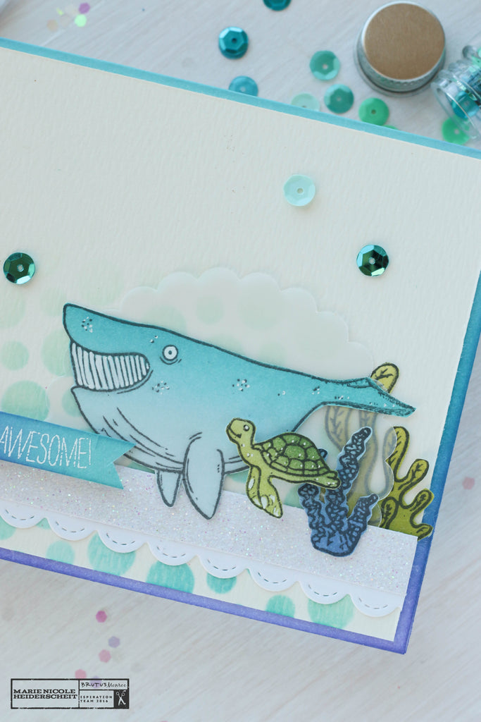 Handmade card created with Brutus Monroe's Fish Tank stamp set. Cute!