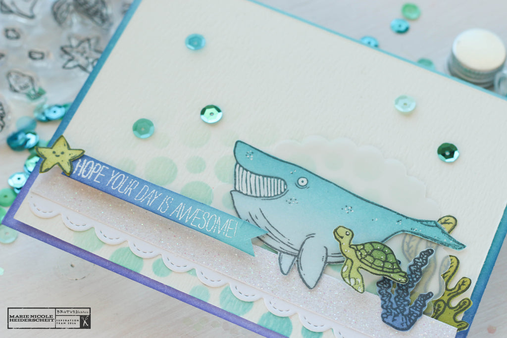 Handmade card created by using Brutus Monroe's Fish Tank stamp set. 