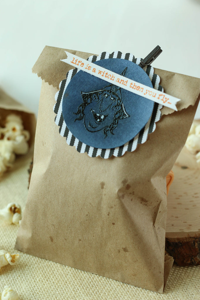 The Brutus Monroe witch stamp set is perfect for making cute Halloween tags for your treat bags! 