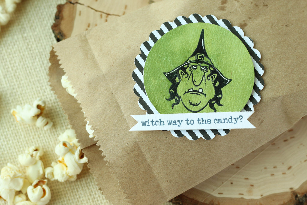Brutus Monroe's witch stamp set makes the perfect tags for your Halloween treat bags!