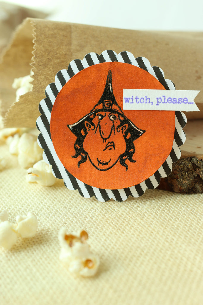 Witch, please! Brutus Monroe's witch stamp set and Shimmer Sprays are fantastic for creating these cute little Halloween tags!
