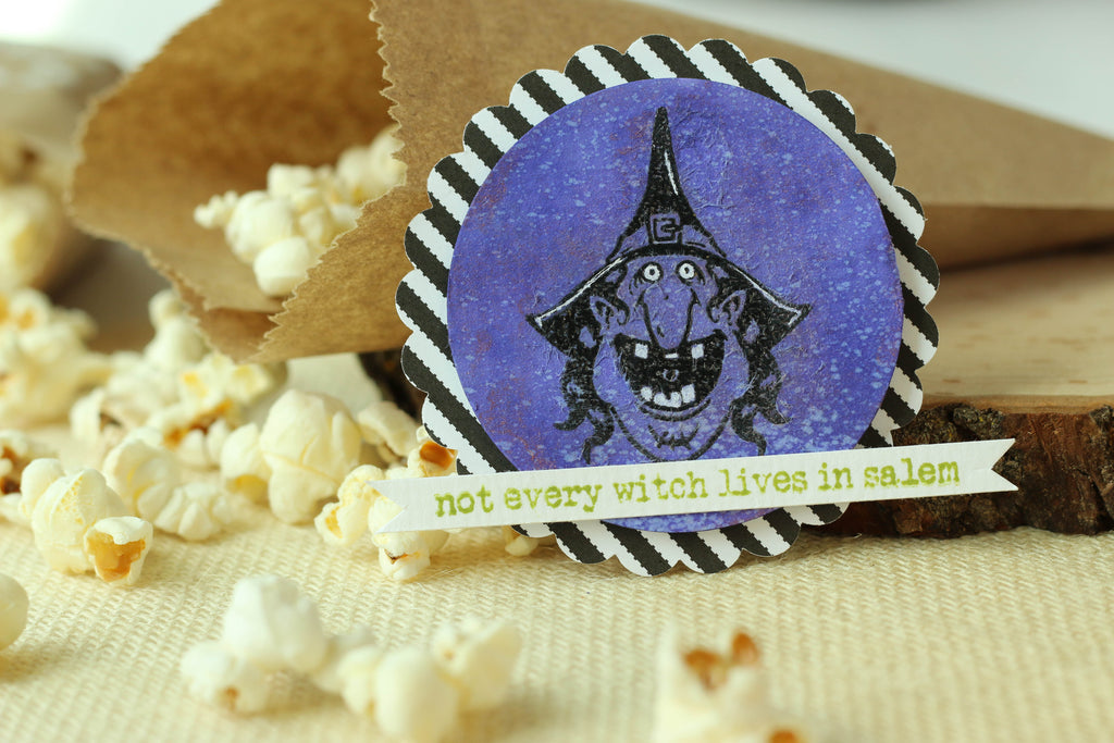 Brutus Monroe's witch stamp set is perfect for creating these fun tags that you can clip onto Halloween treat bags!