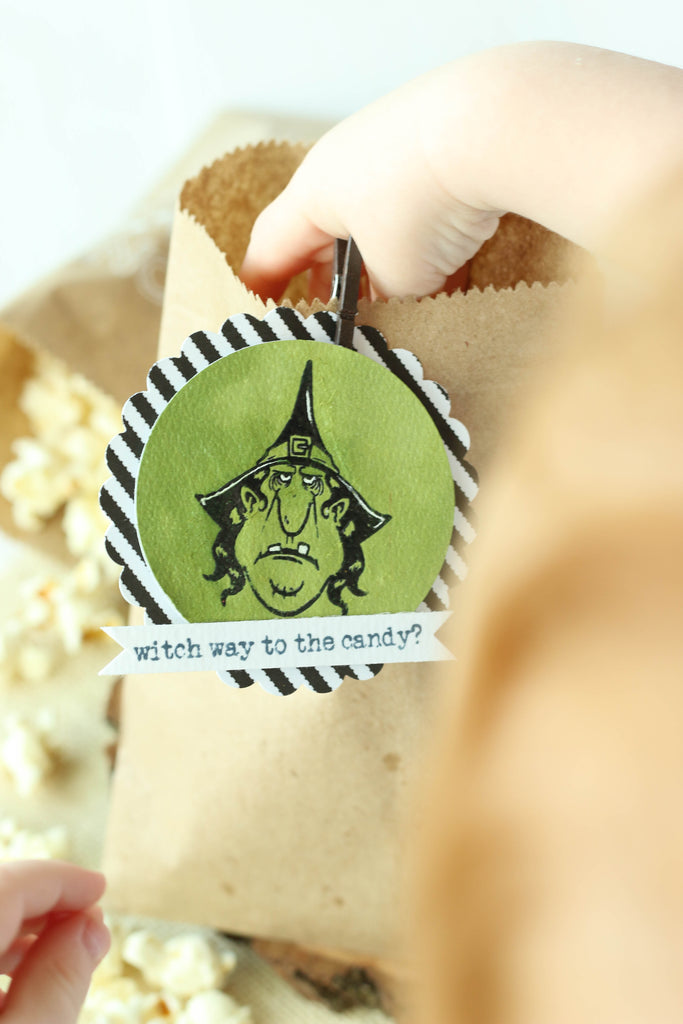 Brutus Monroe's witch stamp set is perfect for decorating those Halloween treat bags! 