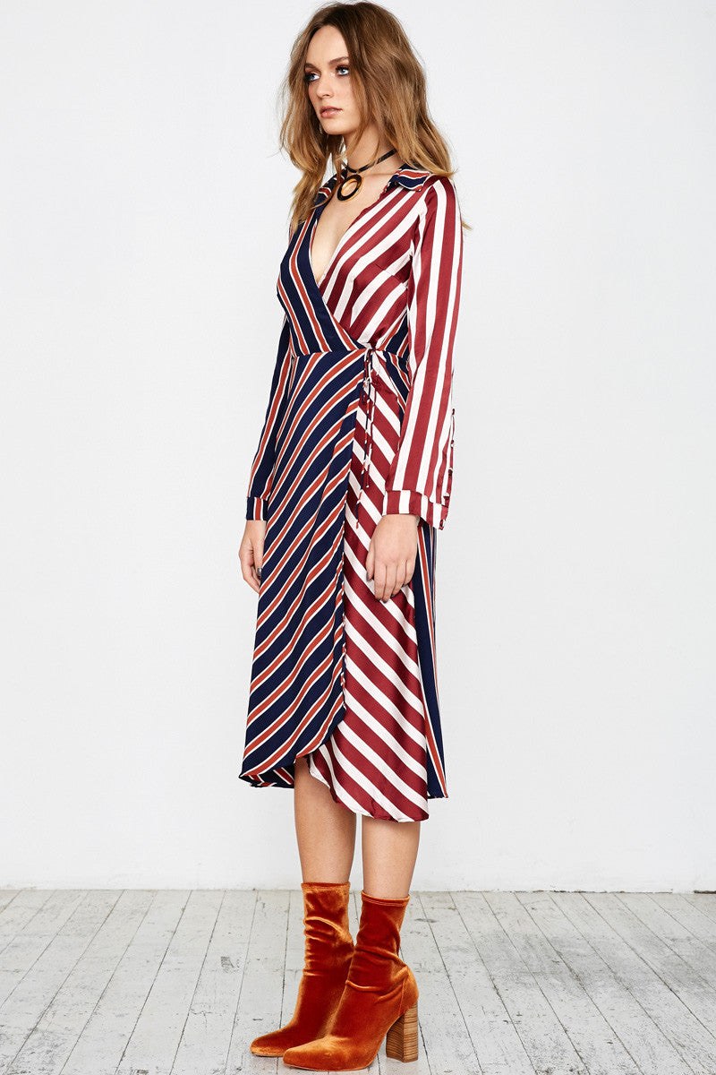 STRIPE MASH ASYMMETRICAL WRAP DRESS - MULTI STRIPES - Shakuhachi