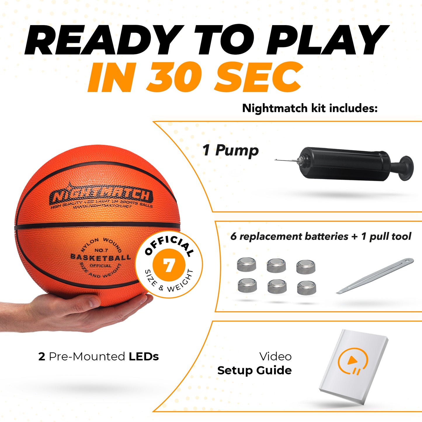 NIGHTMATCH Premium LED Light Up Basketball - Perfect Glow in The Dark Basketball Size 7 with 2 LEDs, 8 Batteries & 1 Pump