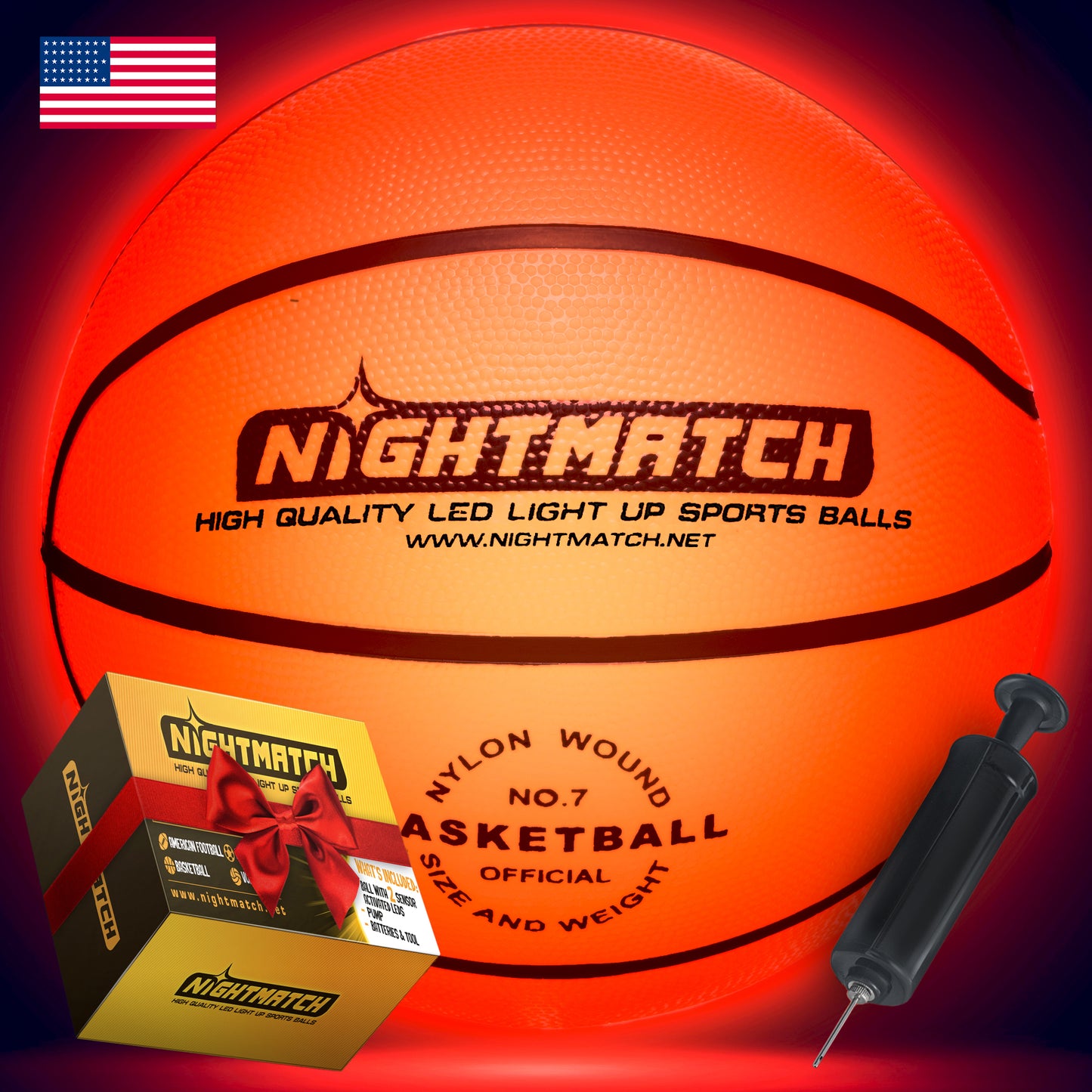 NIGHTMATCH Premium LED Light Up Basketball - Perfect Glow in The Dark Basketball Size 7 with 2 LEDs, 8 Batteries & 1 Pump