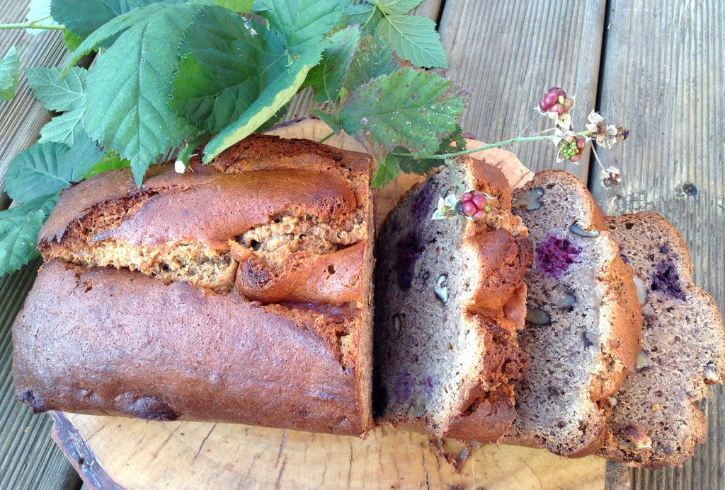 Jenni Sherington's gluten free-banana, walnut and blackberry pea flour loaf