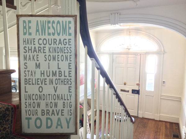 what being awesome means to us - Barn Owl Primitives Painted Wood Sign with rustic frame