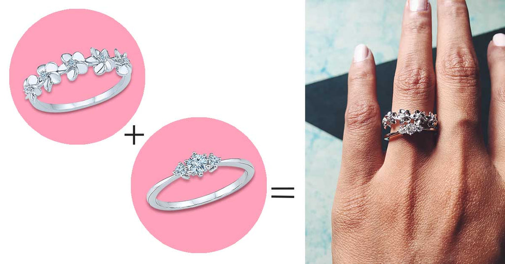 5 ways to style your wedding band -Try a floral motif to add an element of quirk and fun to your stack.