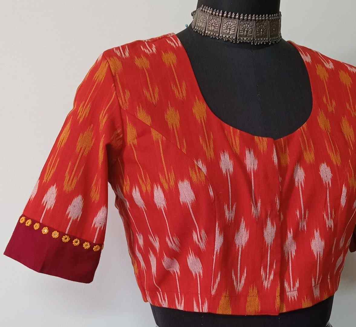 Orange Ikat Blouse with Maroon Border Sleeves – Godhuli