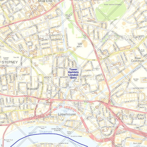 Tower Hamlets London Borough Street Wall Map