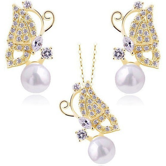 18K Gold Plated Butterfly Pearl Necklace and Earrings Set
