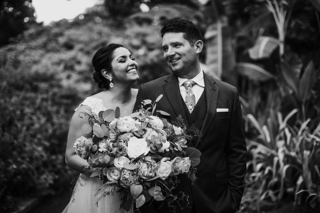 Bride and groom, wedding day, black and white, wedding bouquet