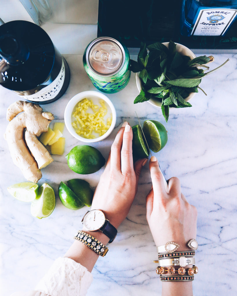 Ginger root, cocktail recipe, sparkling water, gin mule, fresh citrus, cuff, bracelet