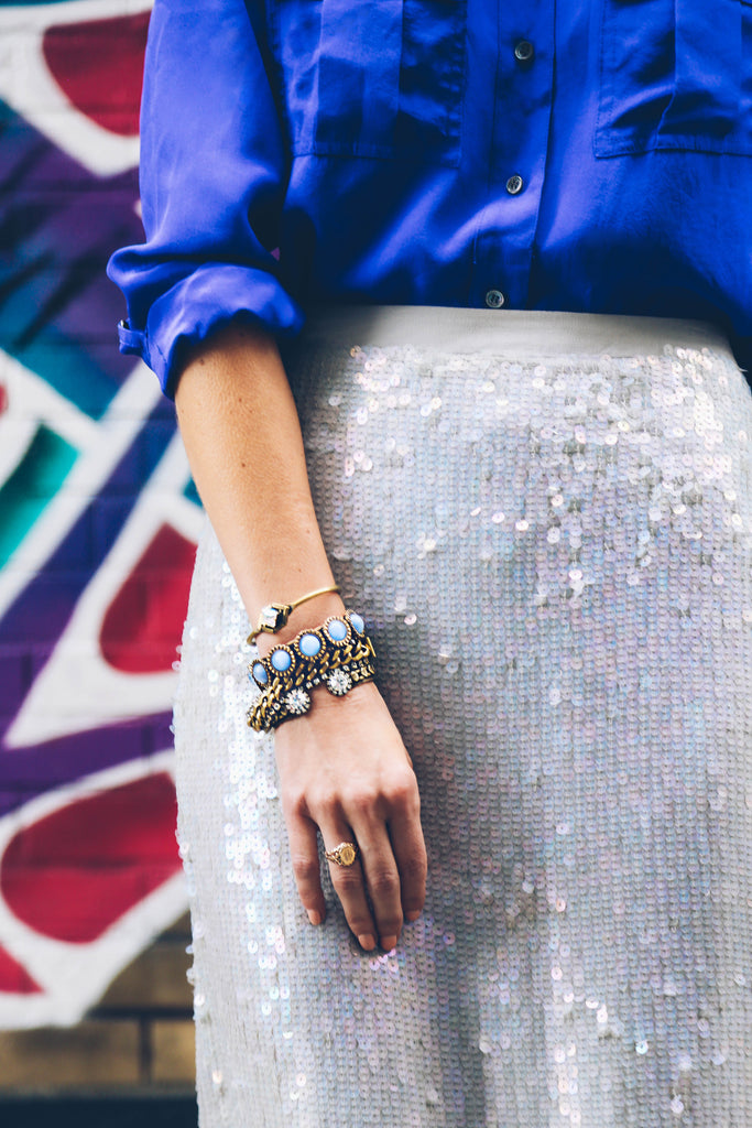 sequin skirt, loren hope, bracelet stack, made in america jewelry
