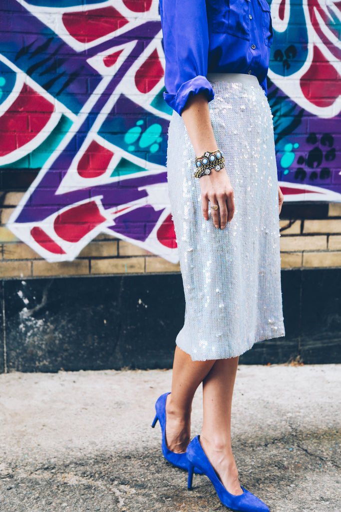 sequin skirt, cobalt heels, graffiti, providence ri