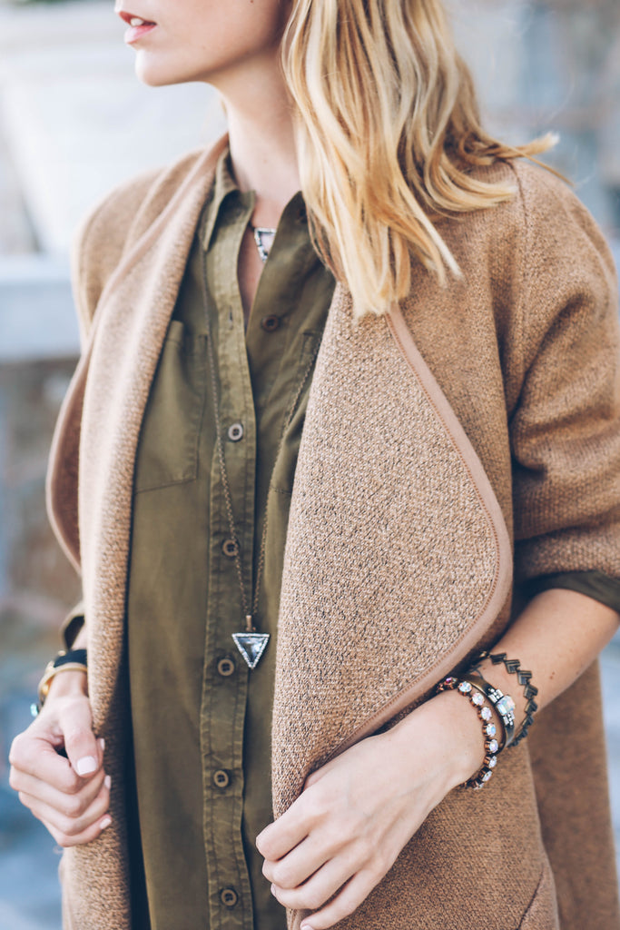 fall layers, camel sweater coat, loren hope tri pendant