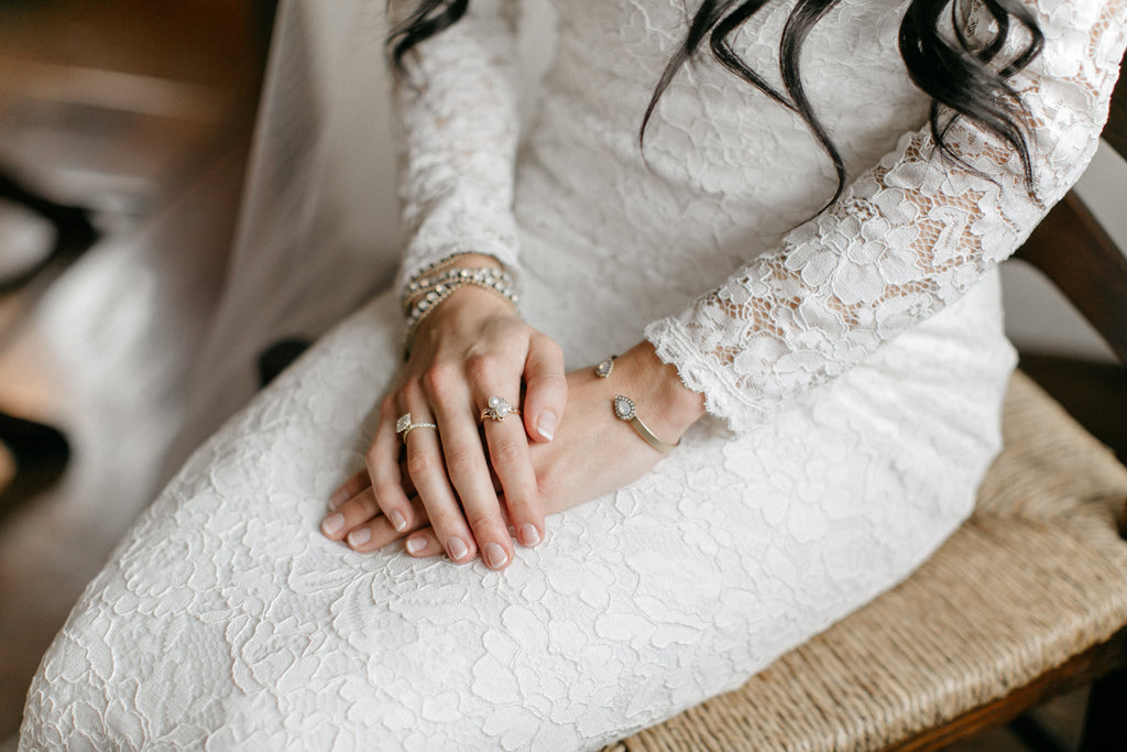 Bracelets, stack, elegant, bridal portrait, long sleeve wedding dress, refined 