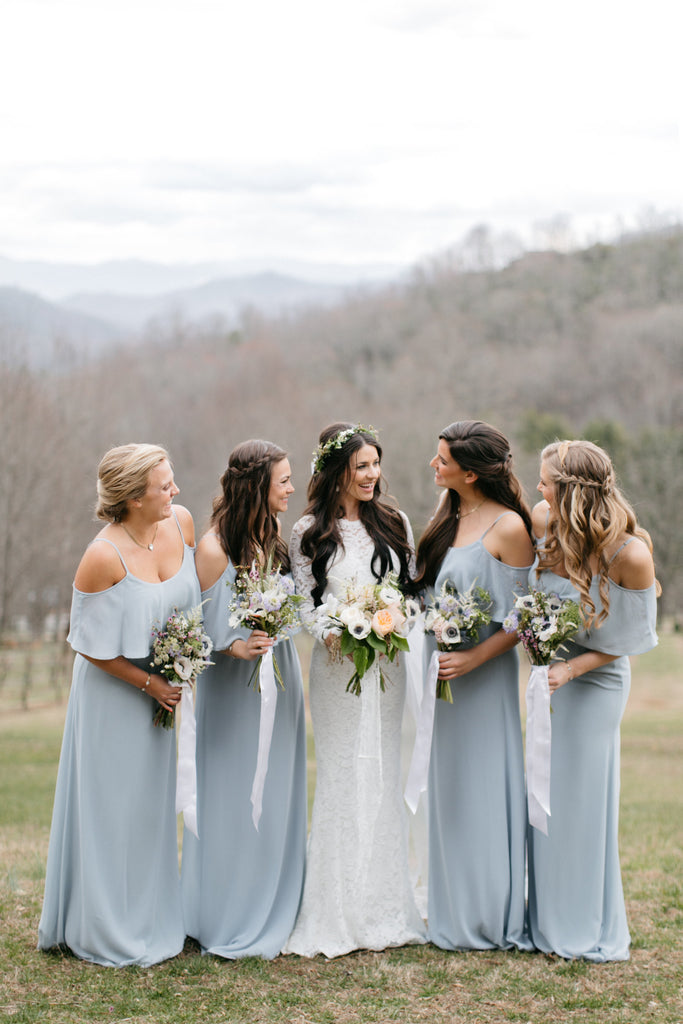 Blue ridge, mountains, bridal party, bridesmaids, bridal party dress, boho, bouquet 