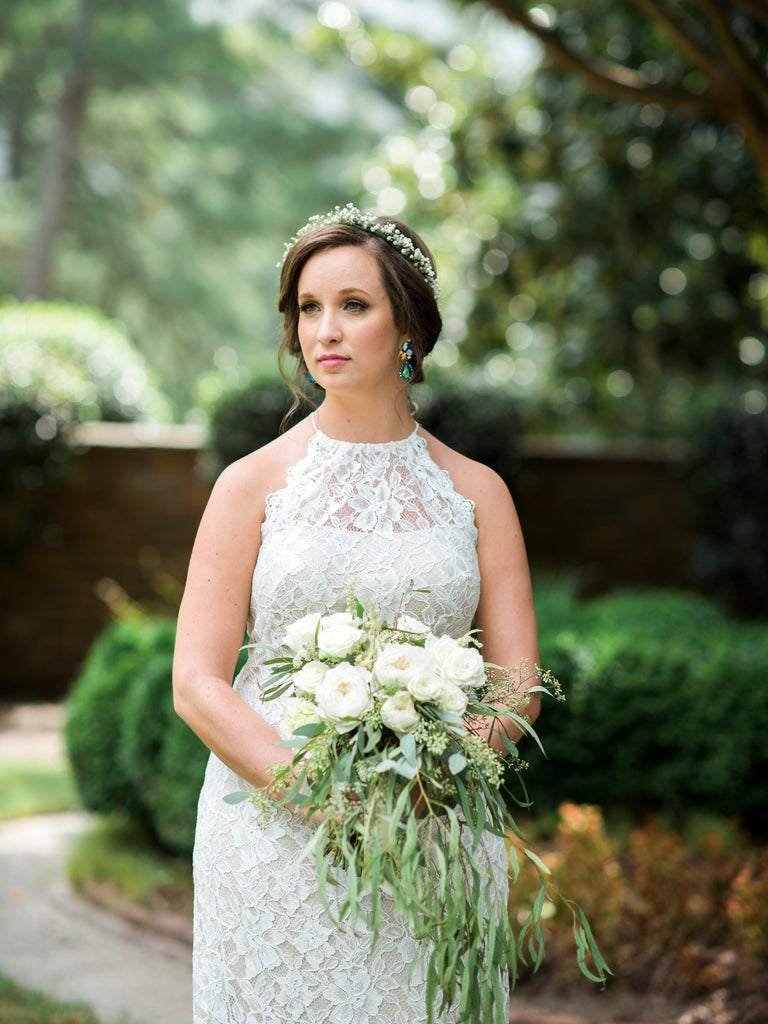 Bridal portrait, earrings, wedding dress, BHLDN, wedding bouquet, bride, garden, halo, baby's breath